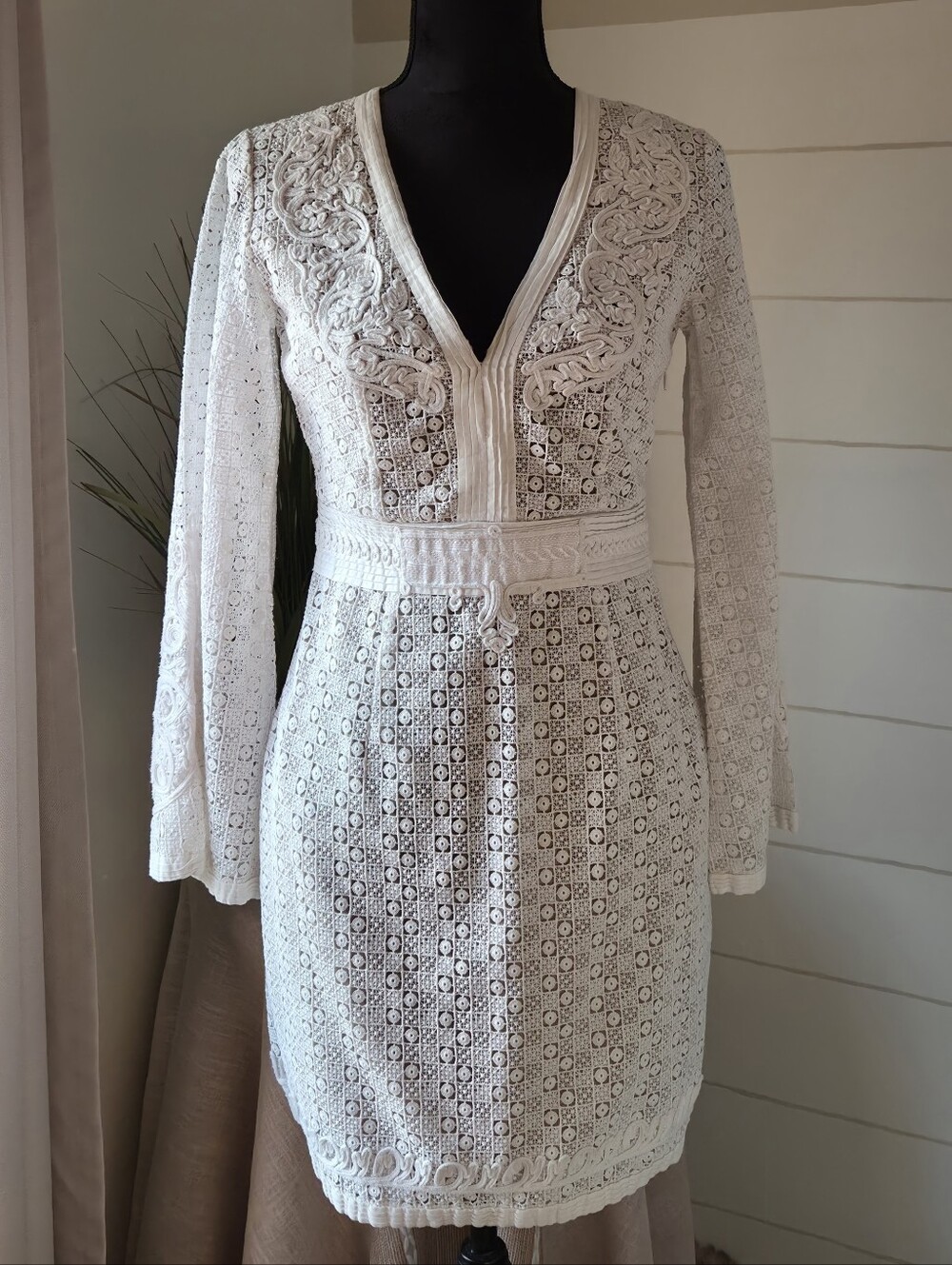 The Kooples White V-Neck Bell Sleeve Mini Dress Guipure Openwork Scroll Trim Lux